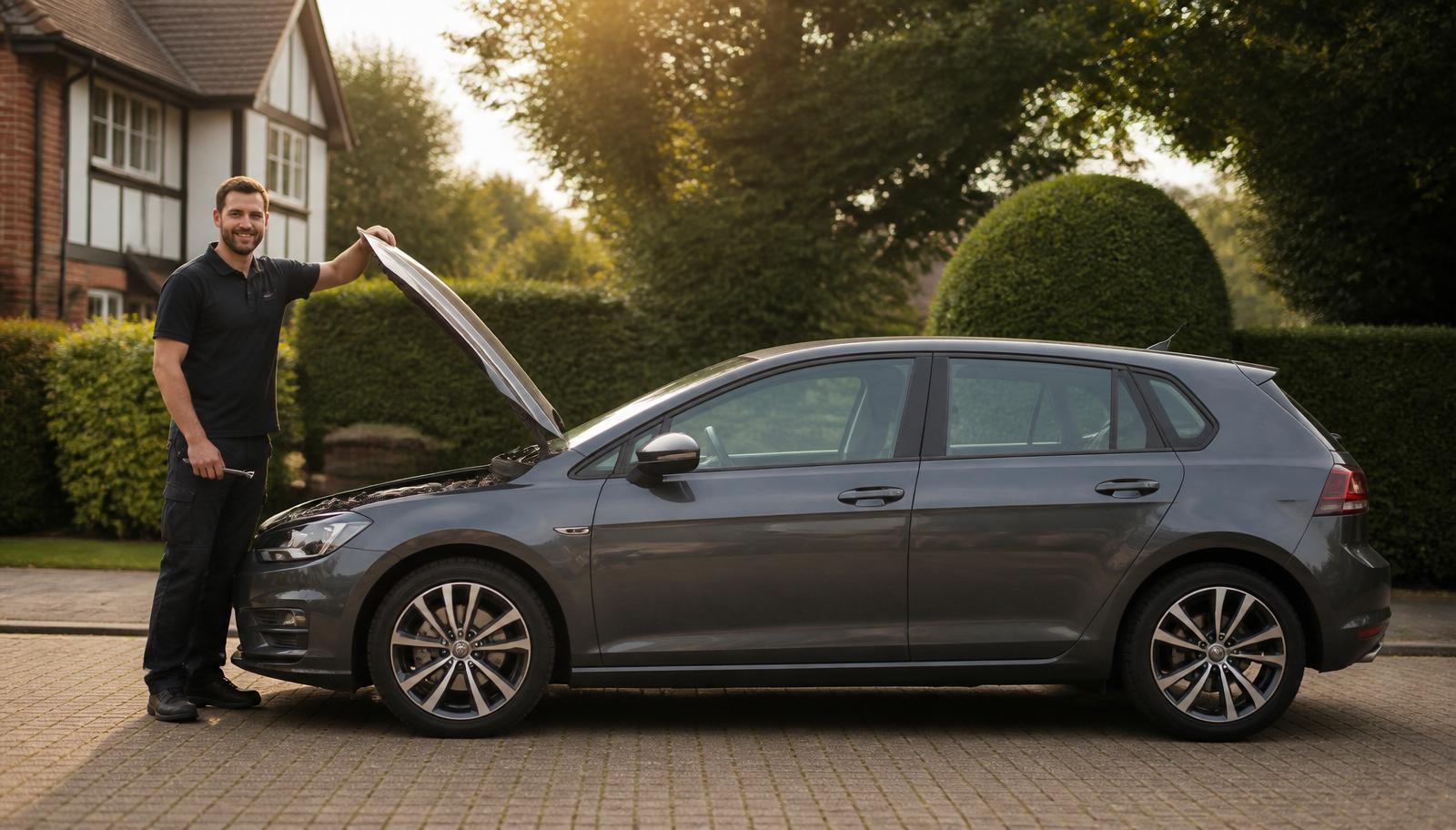Mobile mechanic working on a car engine on a customer's driveway